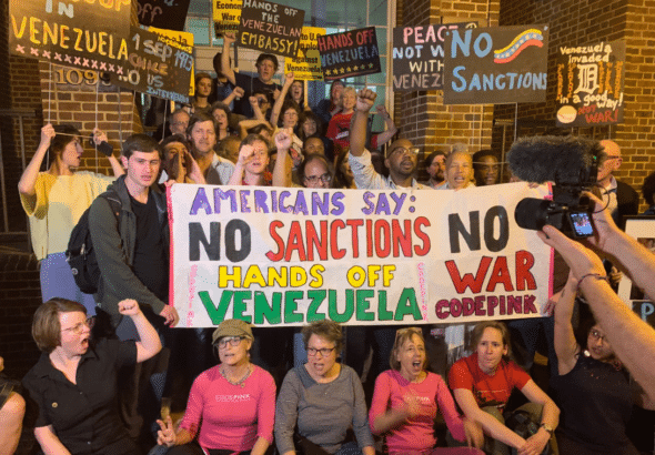 Codepink activists demonstrate against unilateral US coercive measures imposed on Venezuela. Photo: Codepink.