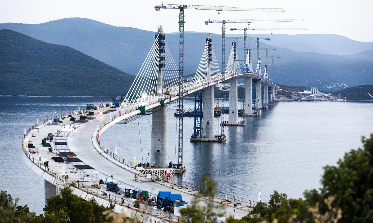 A view of the construction of Peljesac Bridge in Komarna, Croatia, built by a Chinese state-owned construction company. Photo: VCG.