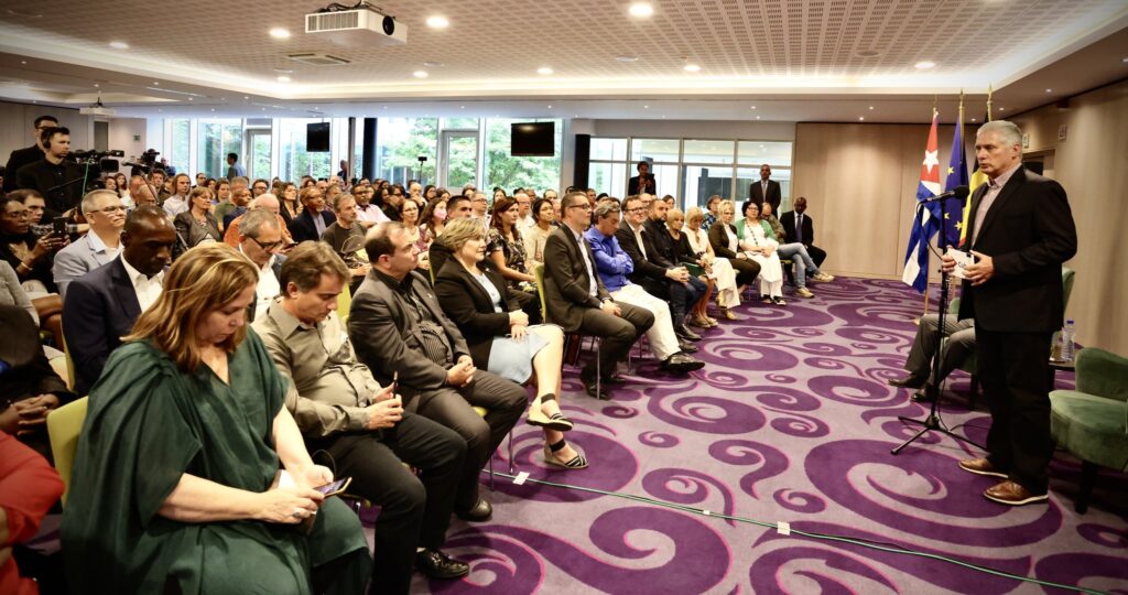 Cuban President Miguel Díaz-Canel speaks at the People's Summit in Brussels, Belgium, July 17, 2023. Photo: Ministry of External Relations of Cuba.