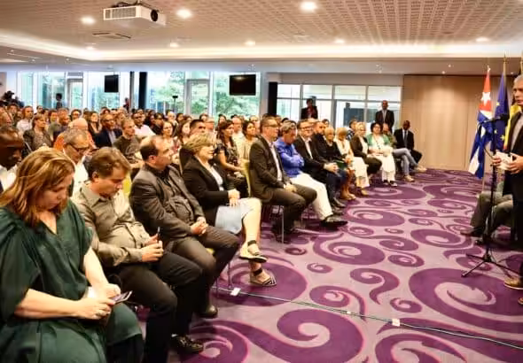 Cuban President Miguel Díaz-Canel speaks at the People's Summit in Brussels, Belgium, July 17, 2023. Photo: Ministry of External Relations of Cuba.