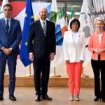 From left to right: Pedro Sánchez (Spain), Charles Michel (European Council), Delcy Rodríguez (Venezuela), and Ursula von der Leyen (European Union). Photo: Emmanuel Dunand/AFP.