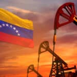 Photo composition showing oil rigs next to a Venezuelan flag. Photo: Shutterstock/Anton_Medvedev.