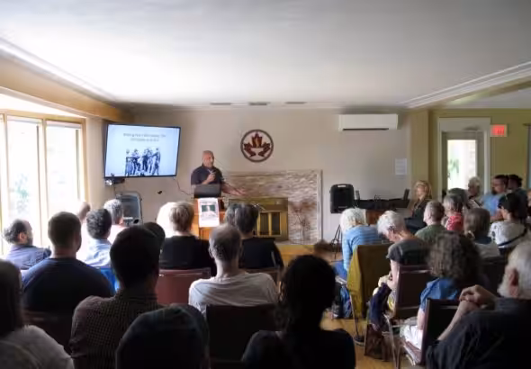 Canadian politician and activist Dimitri Lascaris speaking at the Fredericton stop of his cross-Canada peace tour, which ended on July 8, 2023. Photo: Twitter/@dimitrilascaris.