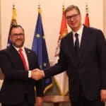 Serbian President Aleksandar Vučić (right) shaking hands with Venezuelan Foreign Minister Yvan Gil, July 14, 2023. Photo: Twitter/@yvangil.