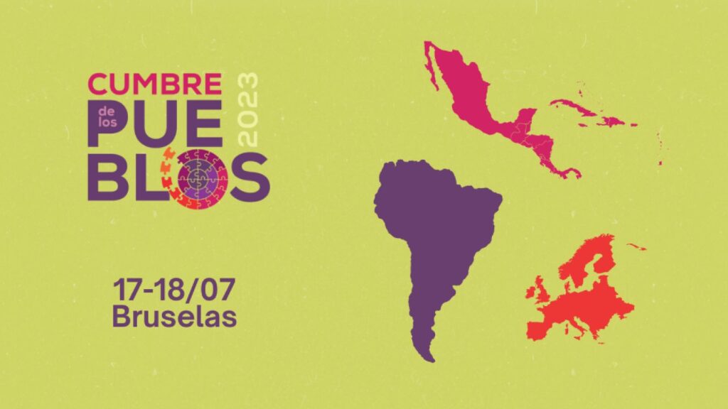 Banner of the People's Summit in Brussels, with a fragmented map of South America, Central America, and the Caribbean, and Europe. Photo: Cumbredelospueblos2023.com.