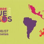 Banner of the People's Summit in Brussels, with a fragmented map of South America, Central America, and the Caribbean, and Europe. Photo: Cumbredelospueblos2023.com.