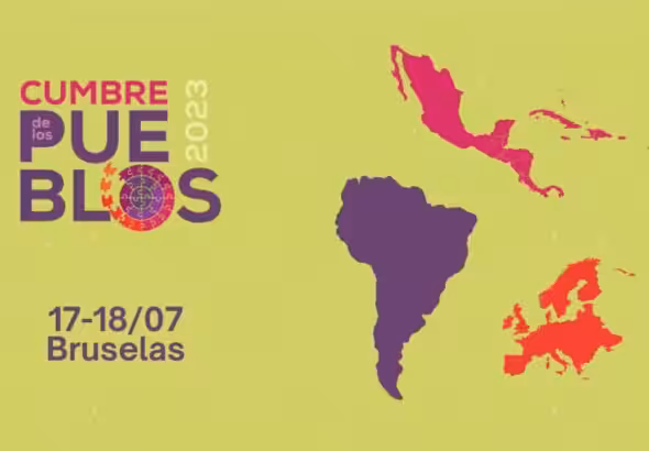 Banner of the People's Summit in Brussels, with a fragmented map of South America, Central America, and the Caribbean, and Europe. Photo: Cumbredelospueblos2023.com.