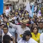 Bernardo Arévalo, candidate of the Movimiento Semilla party, during a political rally in Sacatepéquez, July 16, 2023. Photo: EFE.