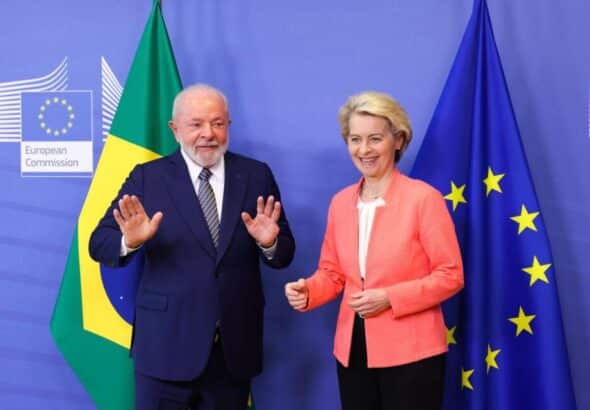 President Luiz Inacio Lula da Silva (left) and head of the European Commission Ursula von der Leyen in Brussels (right) in Brussels on 17 Jul 2023. Photo: Simon Wohlfahrt/Bloomberg.