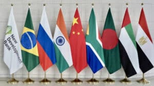 Flags of the members of the BRICS bloc’s New Development Bank (NDB).