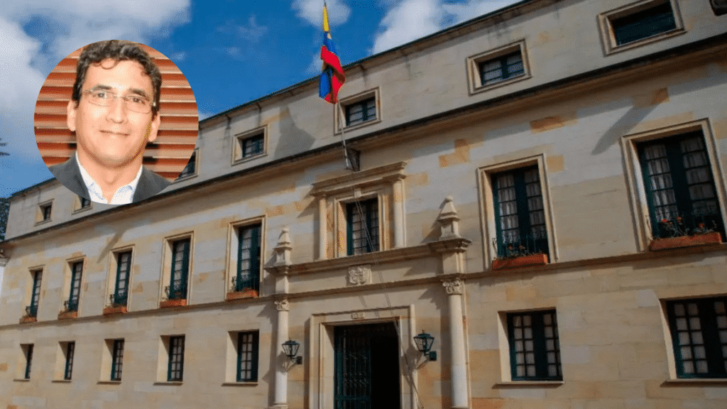 Photo composition with a portrait of Ambassador Milton Rengifo with the Colombian Ministry of Foreign Affairs headquarters in the background. Photo: Orinoco Tribune.