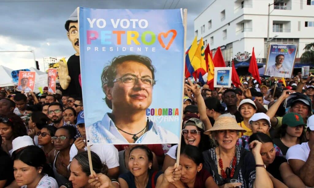 People attend a rally for Gustavo Petro in Cali, Colombia. Photo: Ernesto Guzmán Jr/EPA.