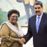 Venezuelan President Nicolás Maduro (right) shaking hands with Barbadian Prime Minister Mia Mottley (right) in Miraflores Palace, Caracas, July 8, 2023. Photo: Presidential Press.