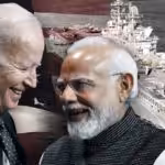 Photo composition, President Joe Biden (left), Prime Minister Narendra Modi (right) and in the background the US flag and a US Naval ship. Photo: The Cradle.