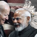 Photo composition, President Joe Biden (left), Prime Minister Narendra Modi (right) and in the background the US flag and a US Naval ship. Photo: The Cradle.