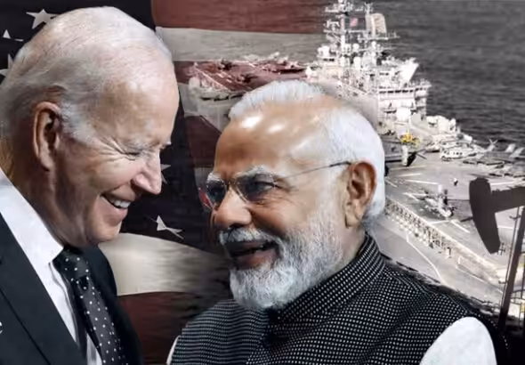Photo composition, President Joe Biden (left), Prime Minister Narendra Modi (right) and in the background the US flag and a US Naval ship. Photo: The Cradle.