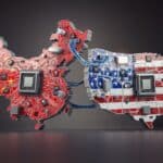 Photo composition showing the maps of China and the US and their flags with a microchip in the center. Photo: Maxx-Studio/Shutterstock/file photo.