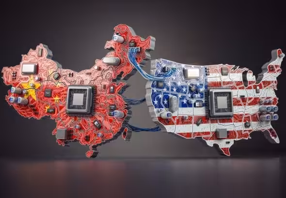 Photo composition showing the maps of China and the US and their flags with a microchip in the center. Photo: Maxx-Studio/Shutterstock/file photo.
