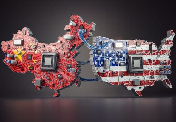 Photo composition showing the maps of China and the US and their flags with a microchip in the center. Photo: Maxx-Studio/Shutterstock/file photo.