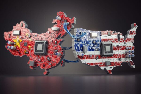 Photo composition showing the maps of China and the US and their flags with a microchip in the center. Photo: Maxx-Studio/Shutterstock/file photo.