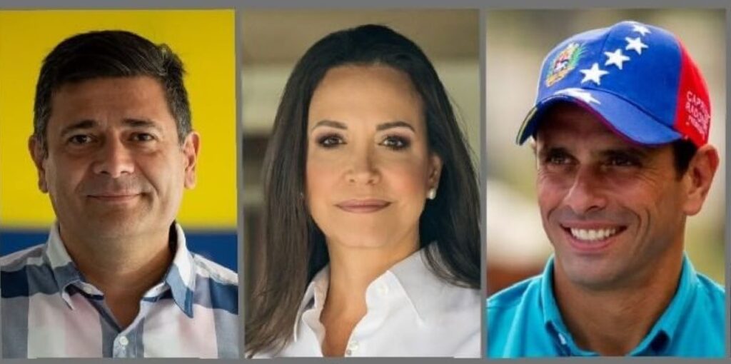 From left to right: Freddy Superlano, María Corina Machado, and Enrique Capriles, three Venezuelan opposition politicians with political bans aspiring for the presidency. Photo: RedRadioVE.