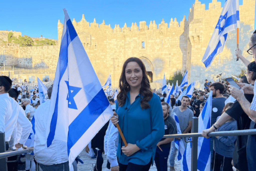 Israeli far-right politician May Golan at a Flag March in Jerusalem, in 2021. Photo: Adi Hodefi/Wikimedia Commons.