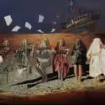 Painting by Bassim Al Shaker (Iraq), Symphony of Death 1, 2019. Women wearing sheets and playing violin with the ominous presence of a ship are depicted. Photo: Dissident Voice.