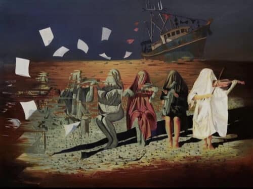 Painting by Bassim Al Shaker (Iraq), Symphony of Death 1, 2019. Women wearing sheets and playing violin with the ominous presence of a ship are depicted. Photo: Dissident Voice.