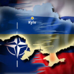 Russian an NATO flags over an Ukrainian map. File photo.