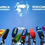 Microphones for press close-ups of the participants of the Second International Parliamentary Conference "Russia-Africa" ​​in Moscow. Photo: Sputnik/File photo.