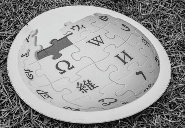 A Wikipedia printed logo on a grass field. Photo: Moheen/Wikipedia/CC BY-SA 2.0.