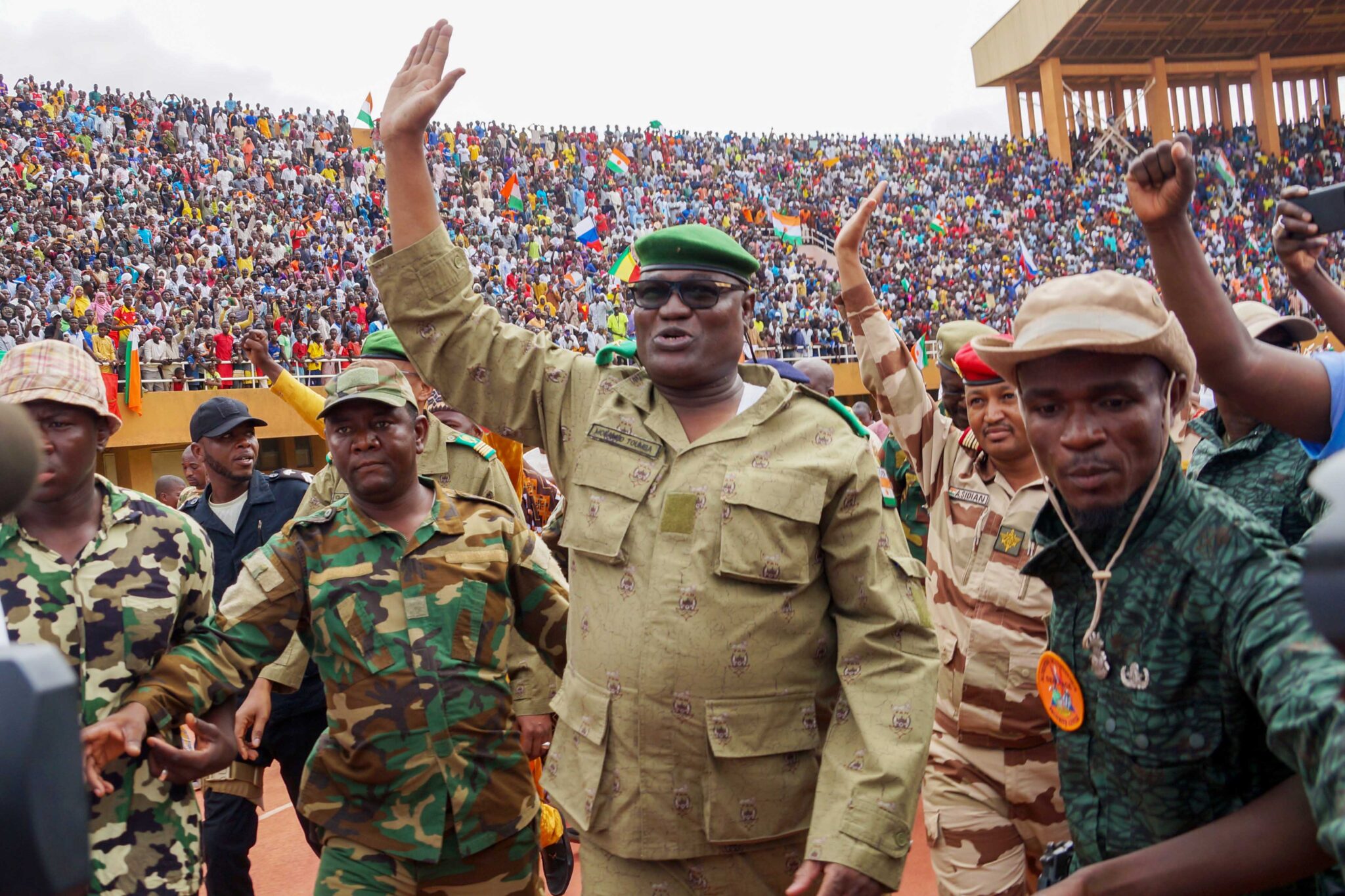 Mohamed Toumba, one of the leading figures in Niger's military government, at a massive rally with supporters. Photo: Balima Boreima/Anadolu Agency via Getty Images.