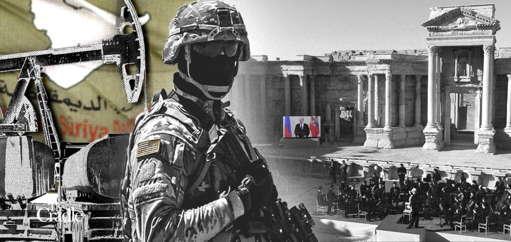 Compilation image depicting an oil rig (Left), a US occupier (center) and a government building in Syria (Right). Photo: The Cradle.