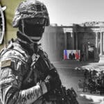 Compilation image depicting an oil rig (Left), a US occupier (center) and a government building in Syria (Right). Photo: The Cradle.