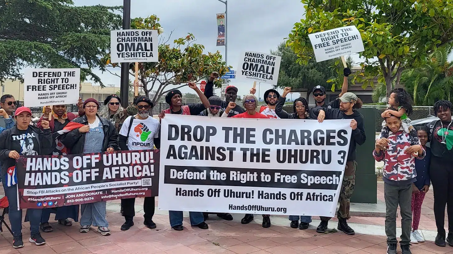 In San Diego, CA, members of the APSP were joined by the Party for Socialism & Liberation, Socialist Unity Party, San Diego We Are One, and Anabayan SD, in a lively march through the working class African, Indigenous and Asian community demanding “Hands Off Uhuru!”, “Drop the Charges”, Defend Free Speech” and “Colonialism Must Go!”. Photo: Hands Off Uhuru!-Hands Off Africa!.