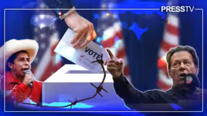 Photo composition: President Pedro Castillo (left) and Prime Minister of Pakistan Imran Khan (right), in the background 3 United States flags and in front a person exercising the right to vote. Photo: PressTV.