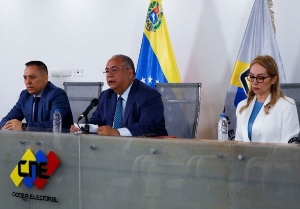 (From left to right) Venezuela's new CNE rectors: Carlos Quintero, Elvis Amoroso, and Rosalba Gil. Photo: X/@cneesvenezuela.