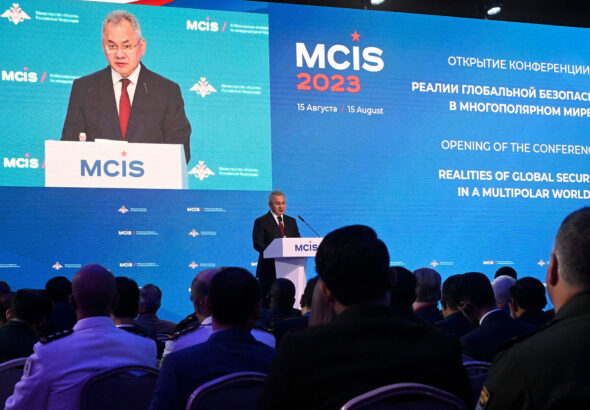 Russian Defense Minister Sergei Shoigu delivers a speech during the Moscow Conference on International Security in Kubinka, in the outskirts of Moscow, on August 15. Photo: Alexander Nemenov/AFP/Getty Images.