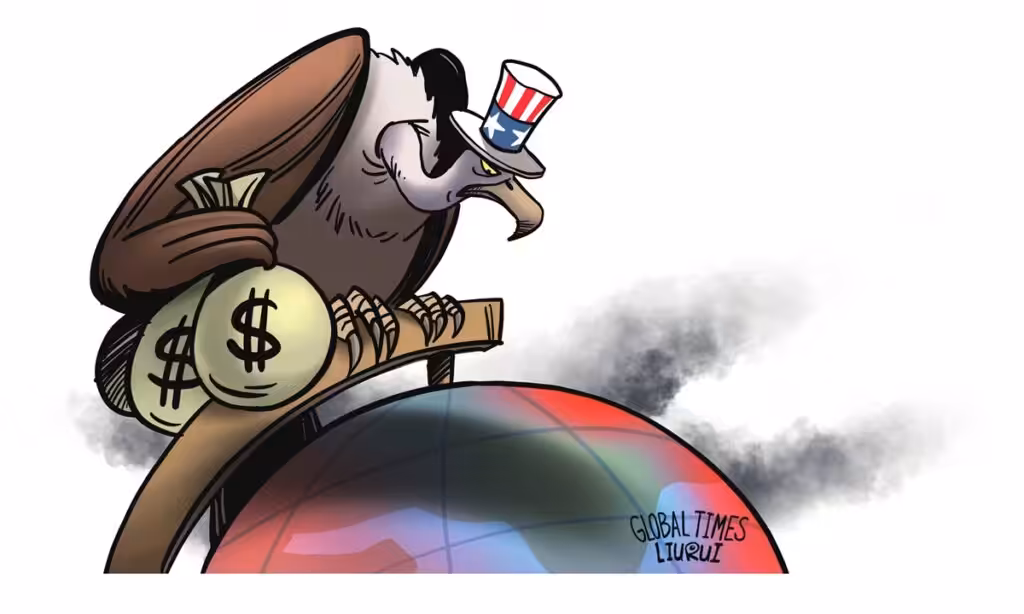 A cartoon of a bird with a dollar sign on bags under its wing standing over an Earth globe. Photo: Liu Rui/GT.