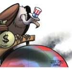 A cartoon of a bird with a dollar sign on bags under its wing standing over an Earth globe. Photo: Liu Rui/GT.