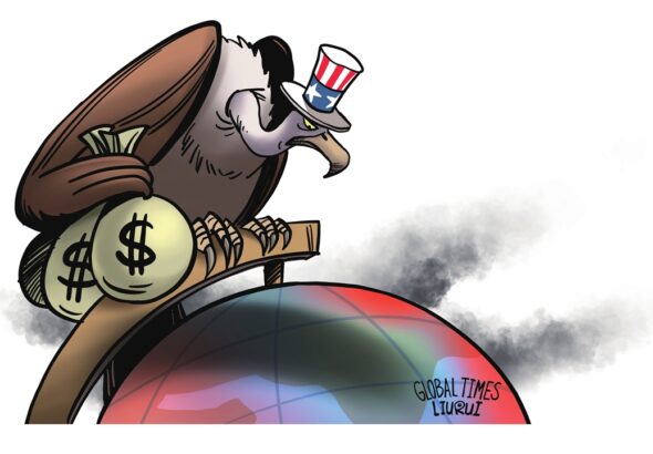 A cartoon of a bird with a dollar sign on bags under its wing standing over an Earth globe. Photo: Liu Rui/GT.