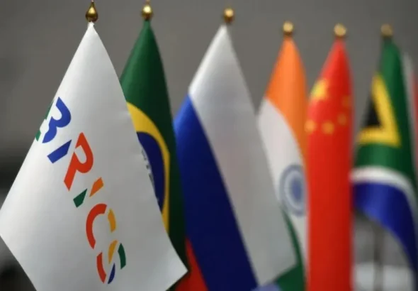 BRICS's flag next to the member countries' flags. File photo.