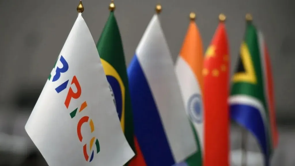 BRICS's flag next to the member countries' flags. File photo.