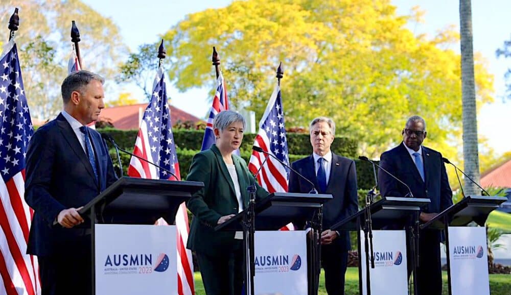 Left to Right: Australian Defense Minister Richard Marles, Foreign Minister Penny Wong, Secretary of State Antony Blinken and Defense Secretary Lloyd Austin in Brisbane. (Richard Marles and Department of Foreign Affairs and Trade). Photo: Consortium News/File photo.