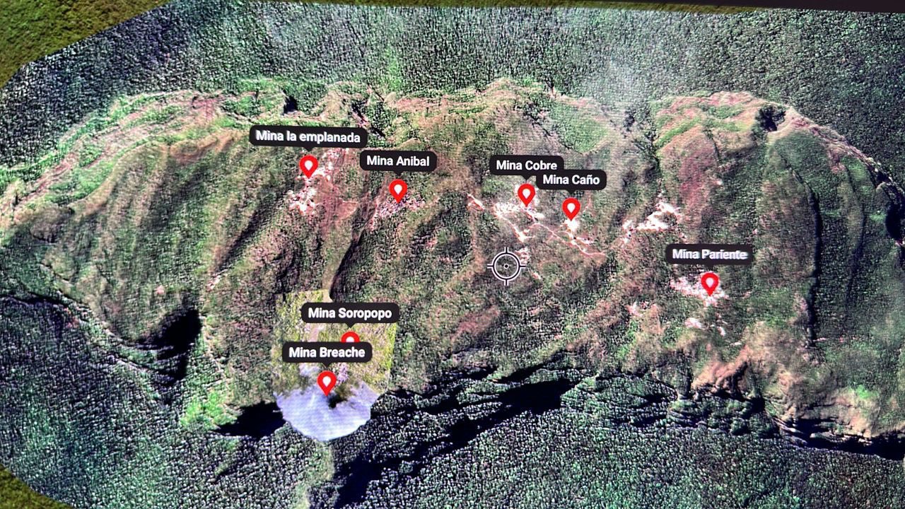 Map of the Tepuy Yapacana, Amazonas state, showing the mining sites that were evicted by the Venezuelan Army. Photo: X/@hernandezlarez.