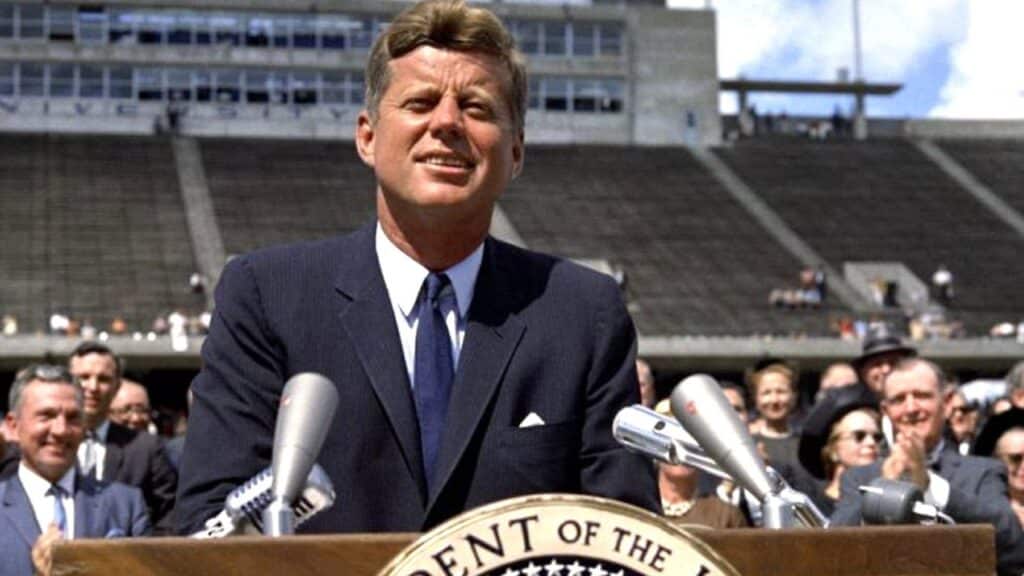 John F. Kennedy delivering his landmark Rice University speech, September, 1962. Photo: Robert Knudsen/JFK Presidential Library and Museum.