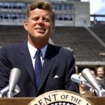 John F. Kennedy delivering his landmark Rice University speech, September, 1962. Photo: Robert Knudsen/JFK Presidential Library and Museum.