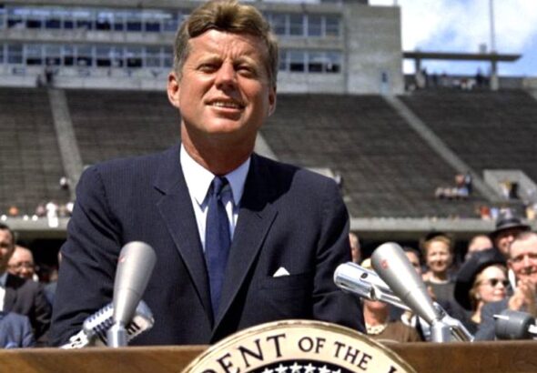 John F. Kennedy delivering his landmark Rice University speech, September, 1962. Photo: Robert Knudsen/JFK Presidential Library and Museum.
