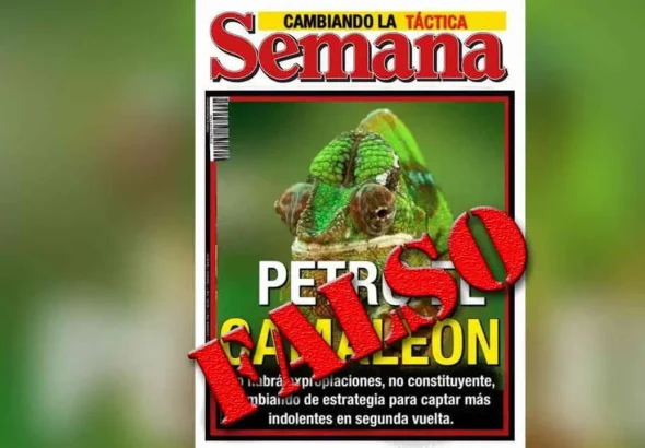 Semana magazine cover with a "falso" (fake) stamp on it. Photo: Semana magazine/File photo.