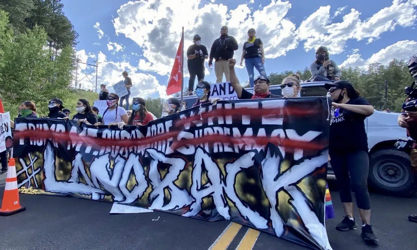 Indigenous Land Defenders blocking the road to Mount Rushmore on Friday, July 3, 2020. Photo: Willi White.
